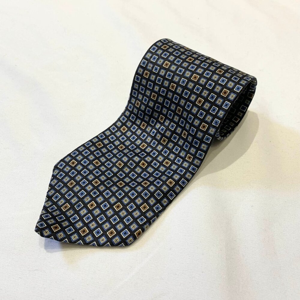 Distinction 100% Imported Silk Tie Blue Yellow Black Small Squares Geometric